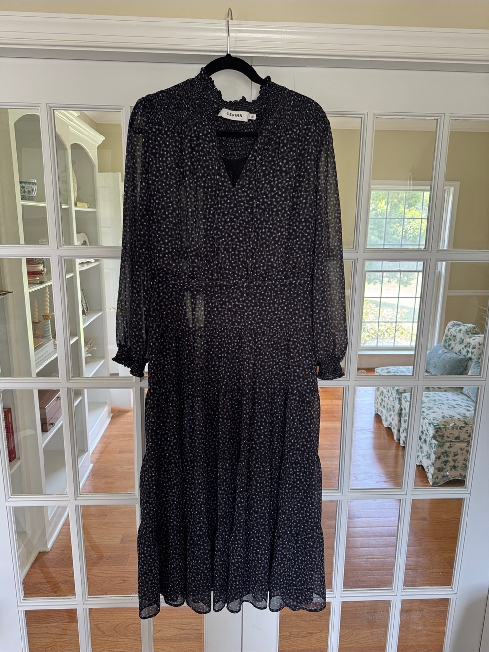 Smocked Neck Black Pattern Midi Dress - Cefinn - Picture 1 of 5
